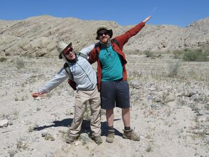 Robby Goldman and Jack Albright replicate the angel of tilted bedding at Mecca Hills, CA